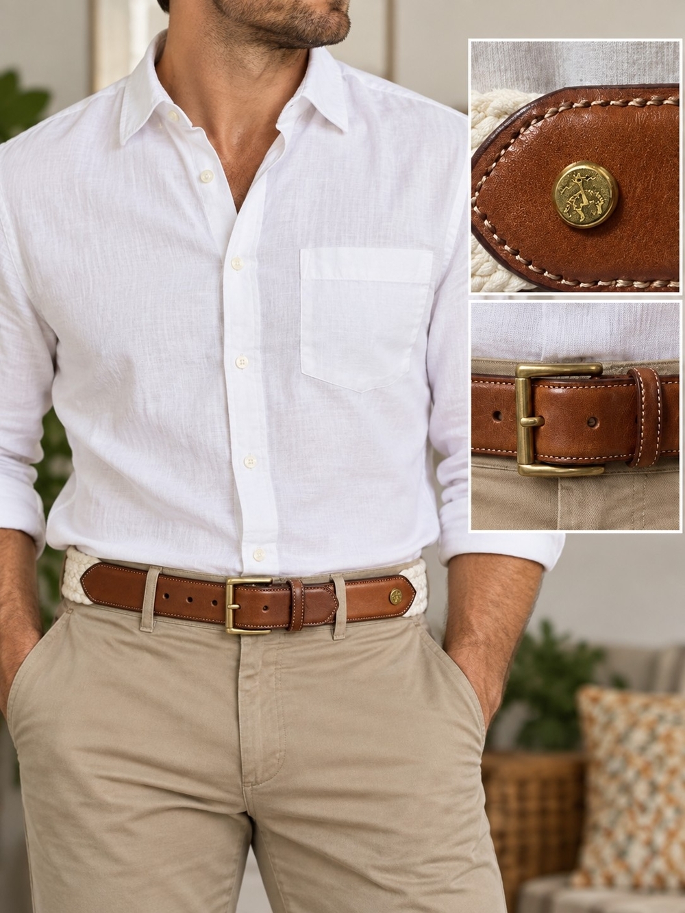 BROOKS BROTHERS LEATHER AND BRAIDED ROPE BELT BRASS BUCKLE EQUESTRIAN MENS 32